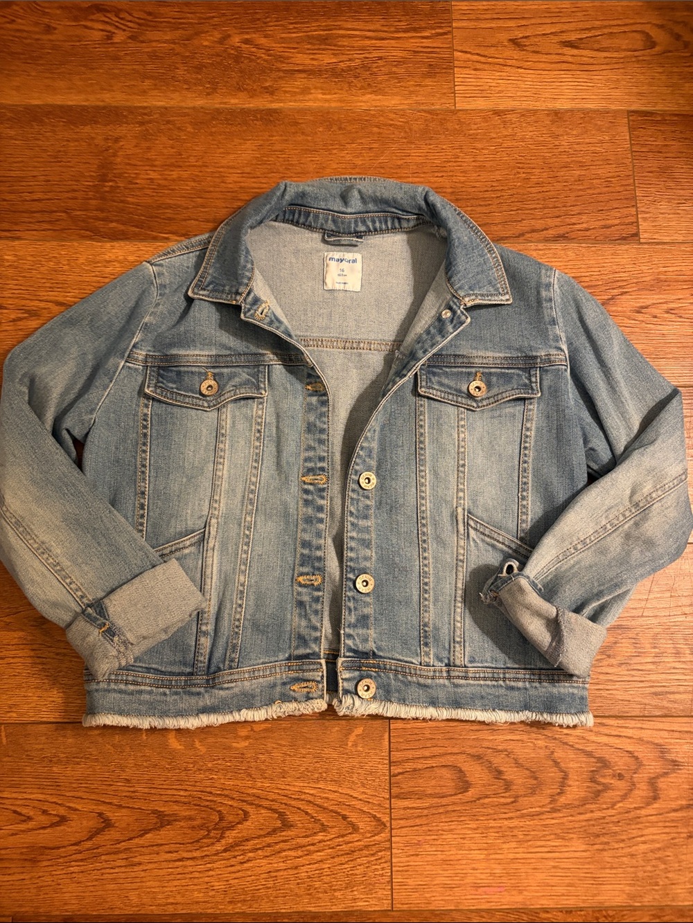 Mayoral Light Wash Denim Jacket with Frayed Hem